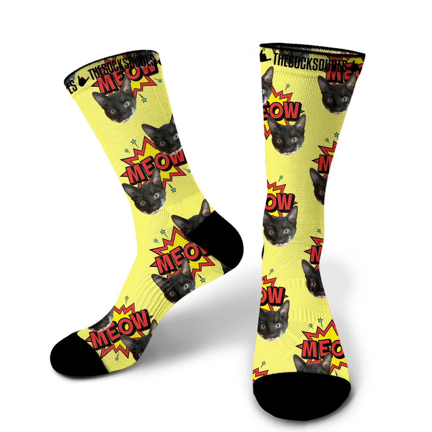 Large custom cat socks with yellow background - custom photo socks for pet lovers
