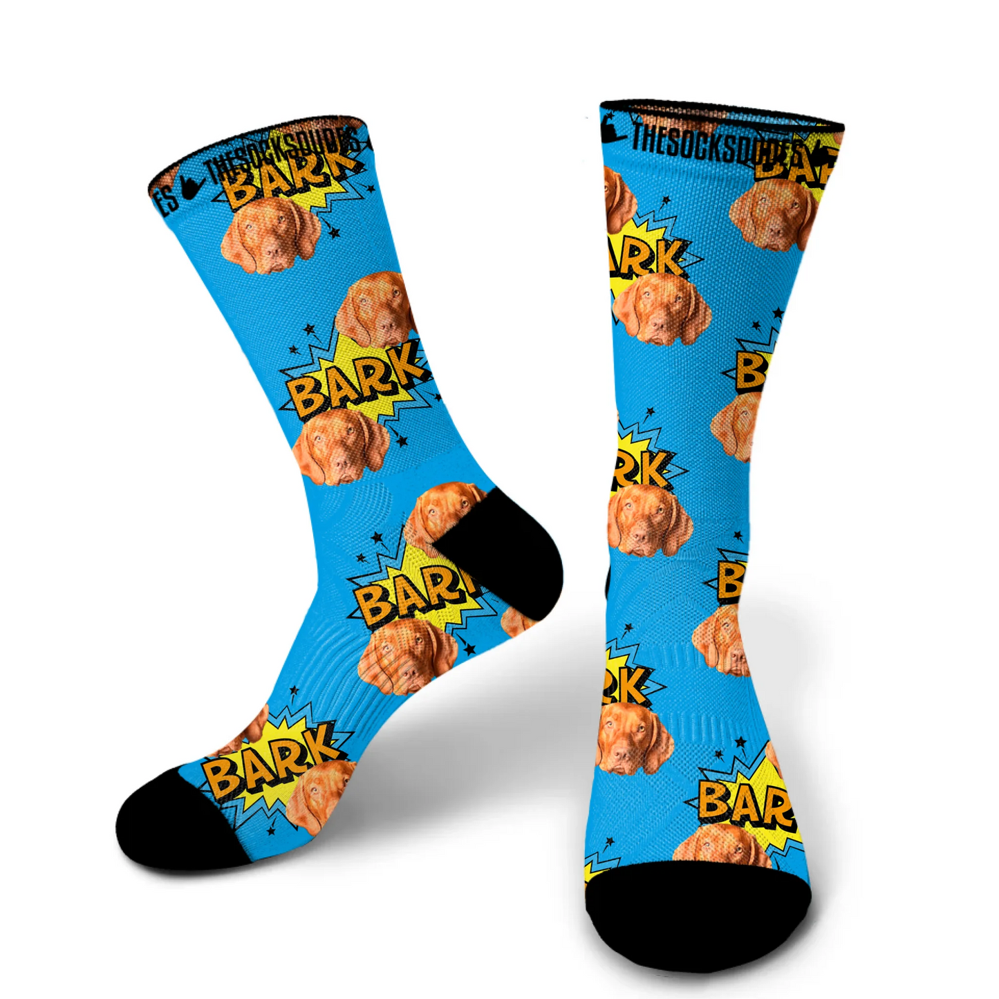 Large personalised dog socks with vibrant yellow background - fun custom pet apparel