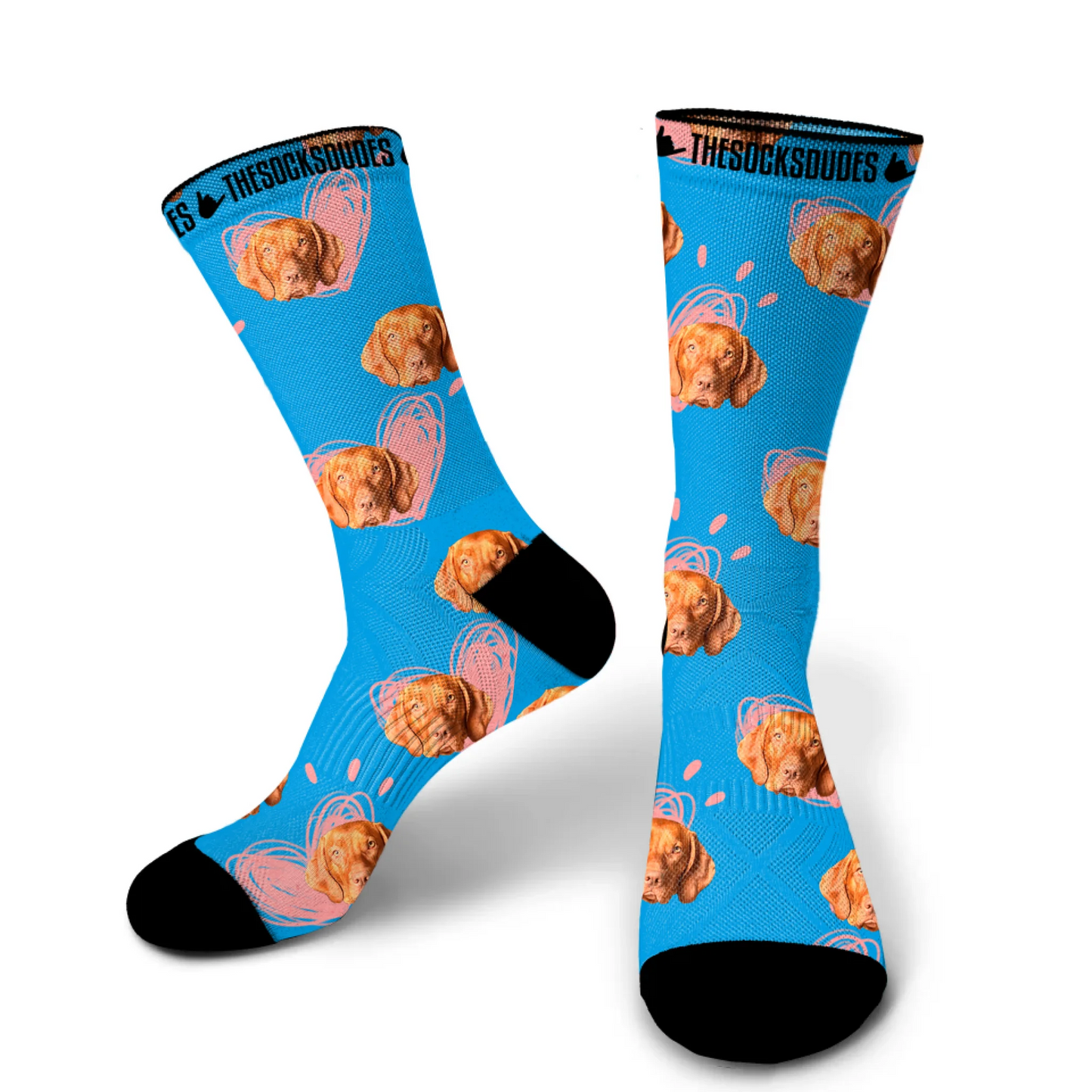 Medium custom socks with dog face on blue background - unique gift for dog lovers