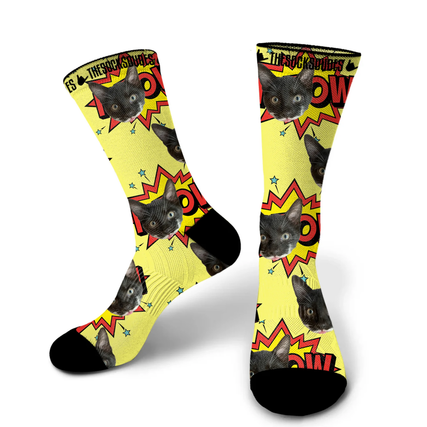 Small custom cat socks with green background - personalised pet gift for cat lovers