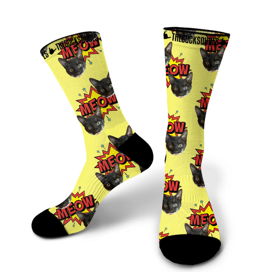 Large custom cat socks with yellow background - custom photo socks for pet lovers