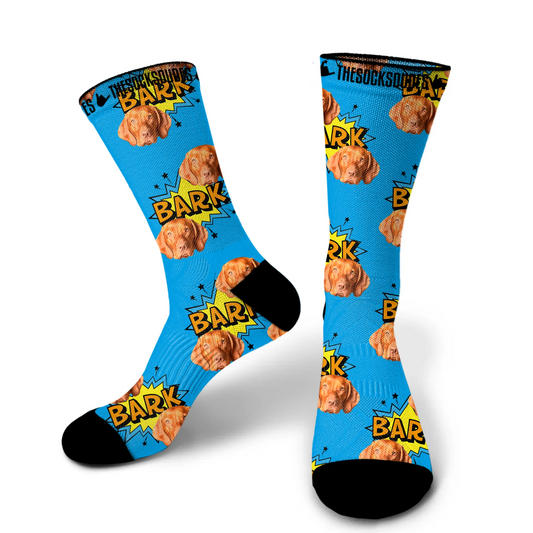 Large personalised dog socks with vibrant yellow background - fun custom pet apparel 