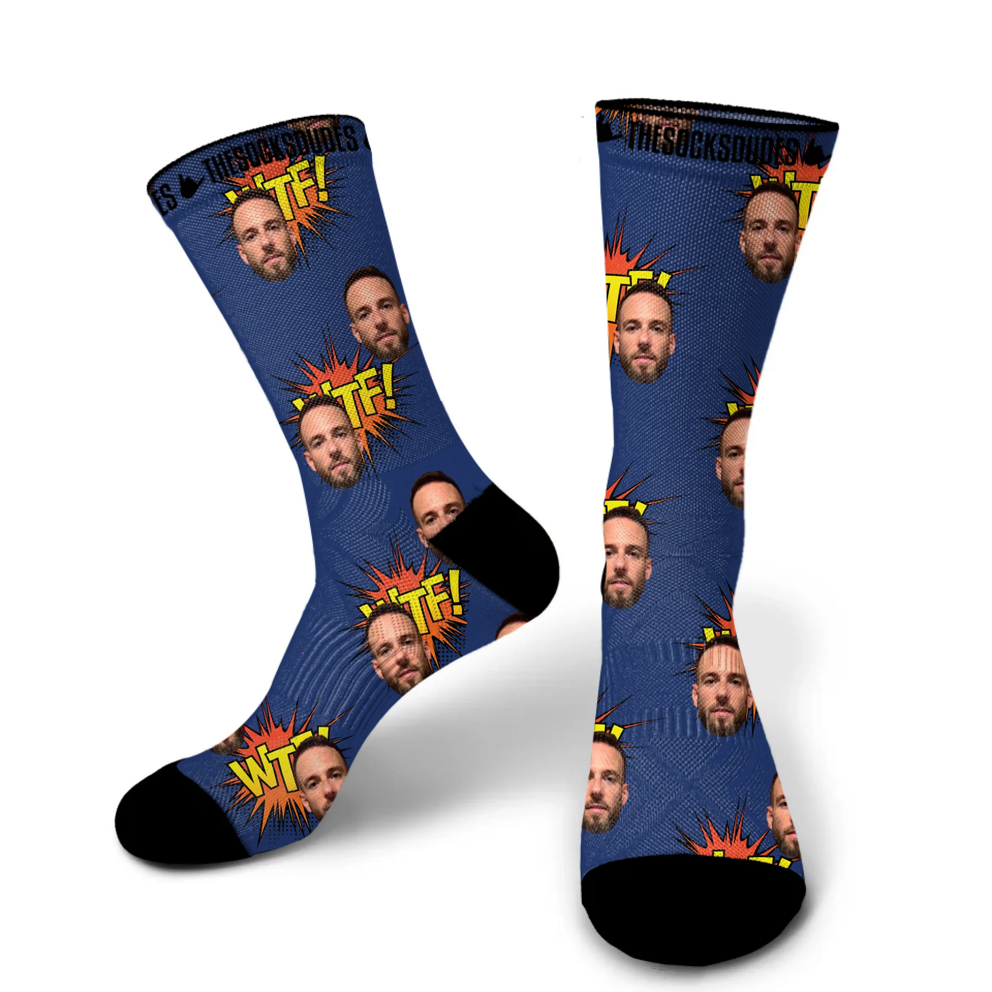 Medium custom face socks with blue background - personalised photo socks for men and women