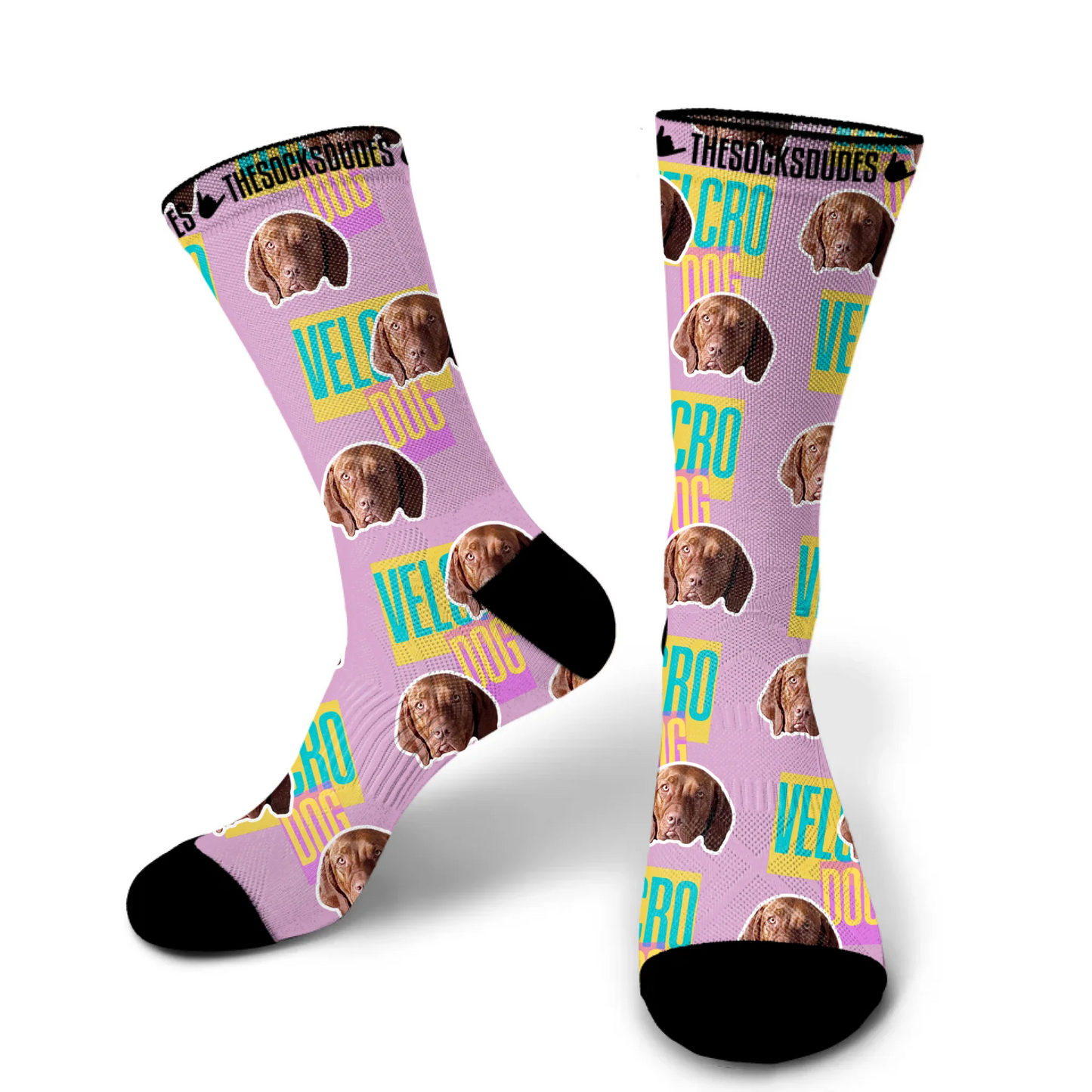 Large personalised dog socks with vibrant yellow background - fun custom pet apparel 