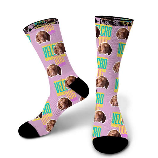 Large personalised dog socks with vibrant yellow background - fun custom pet apparel 