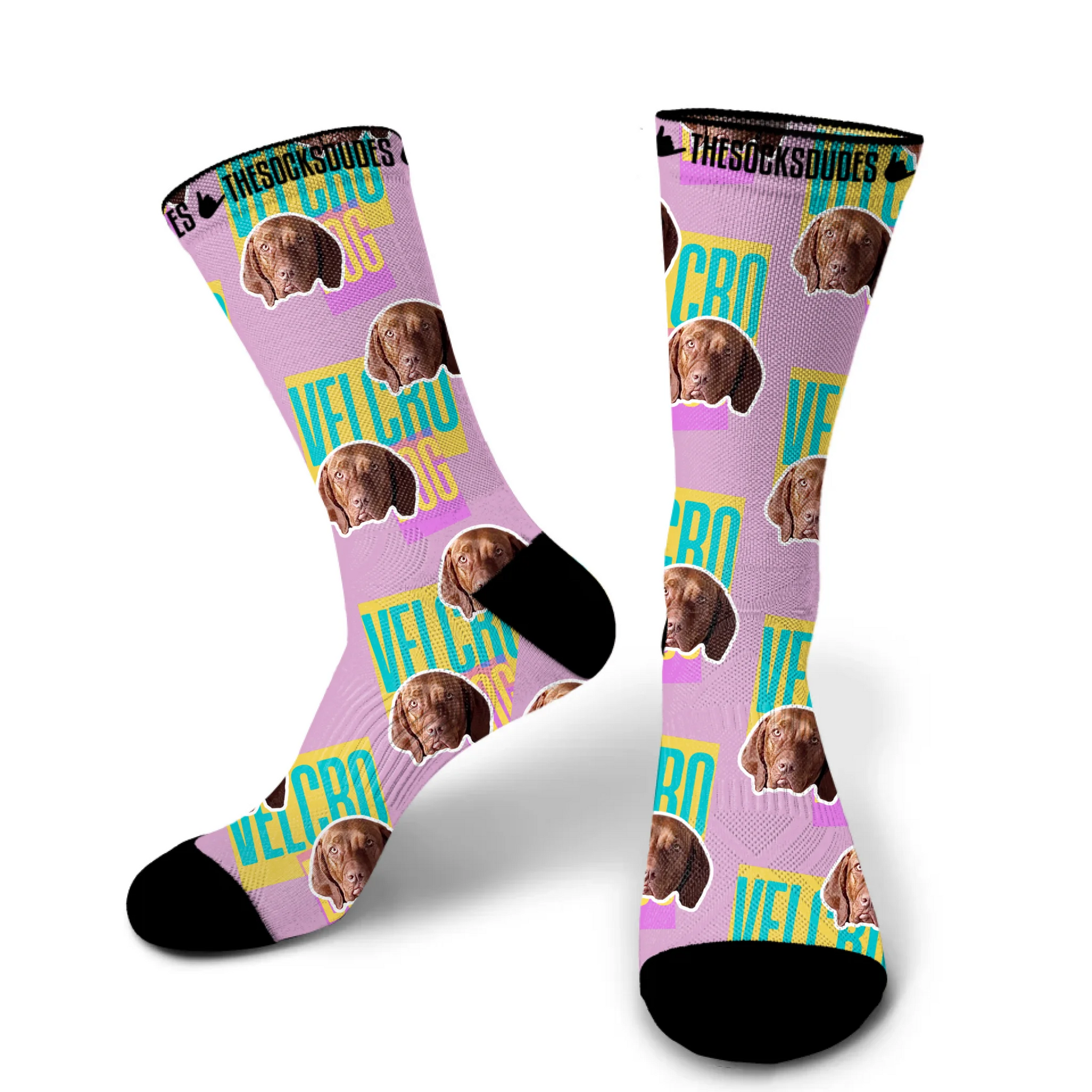 Medium custom socks with dog face on blue background - unique gift for dog lovers