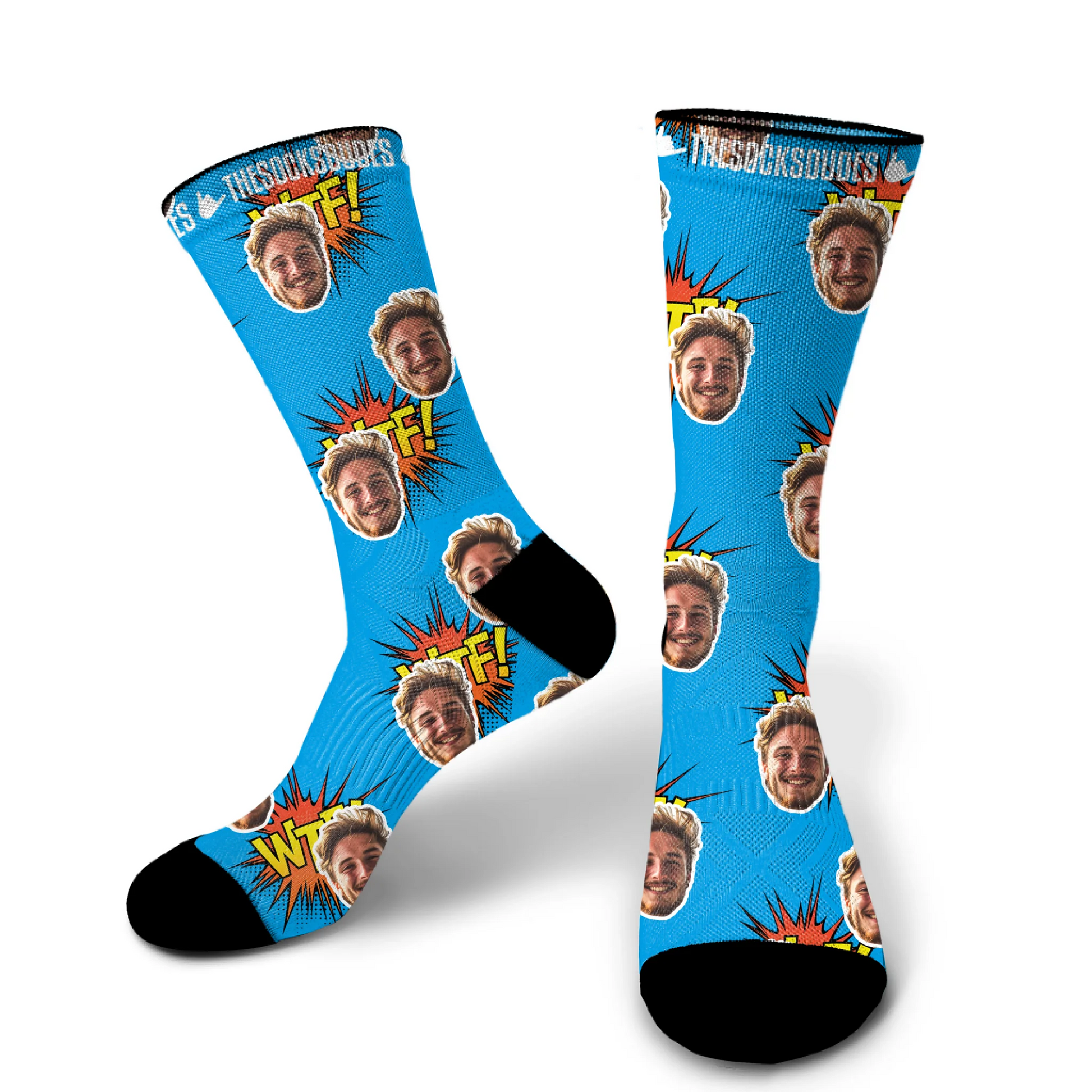 Medium custom face socks with blue background - personalised photo socks for men and women