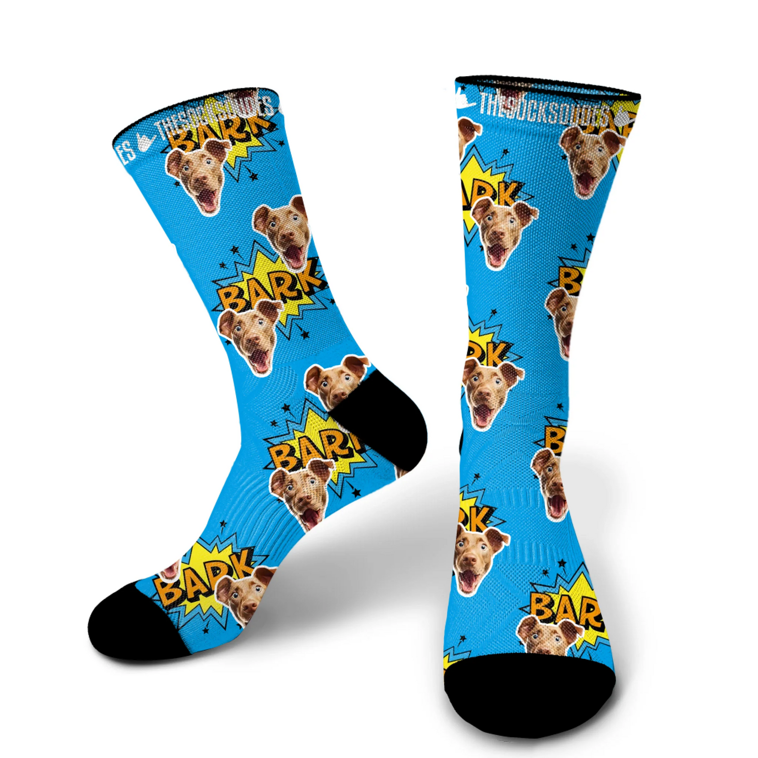Large personalised dog socks with vibrant yellow background - fun custom pet apparel 