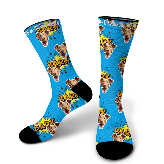 Large personalised dog socks with vibrant yellow background - fun custom pet apparel 